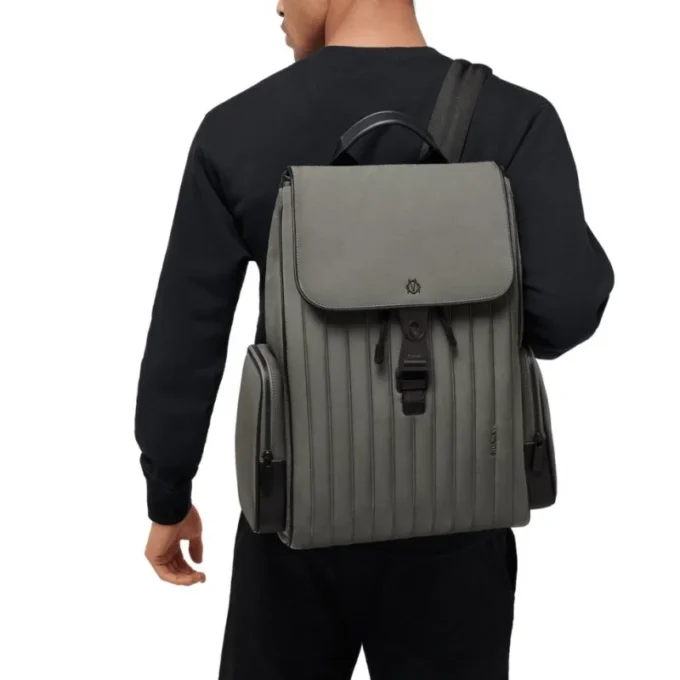Großer Rucksack mit Klappe aus Nylon und Leder