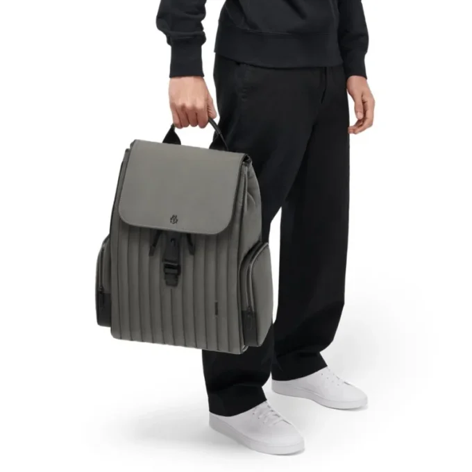 Großer Rucksack mit Klappe aus Nylon und Leder