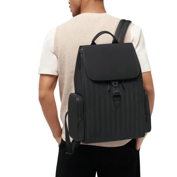 Großer Rucksack mit Klappe aus Nylon und Leder Großer Rucksack mit Klappe aus Nylon und Leder